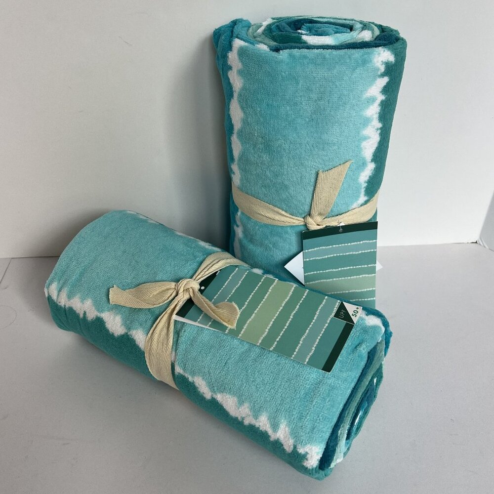POTTERY BARN TEEN Set of 2 Tie Dye Stripe Beach Towels TEAL NEW NWT PB TEEN